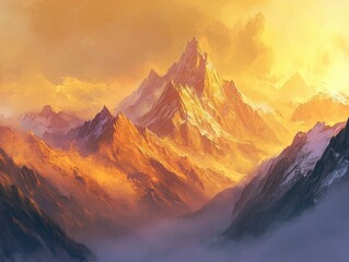 Golden sunset illuminates majestic snow-capped peaks