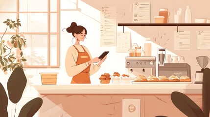 A woman in a cafe working on a digital device.