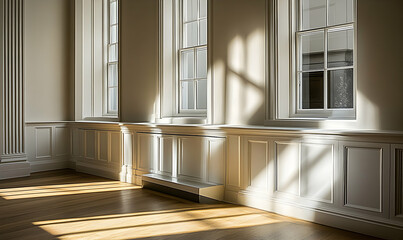 Fototapeta premium Sunlight streams through elegant windows illuminating a classic interior with wood flooring and paneled walls. A serene and sophisticated atmosphere.