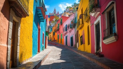 Naklejka premium Colorful colonial street in guanajuato with vibrant architecture and historic charm