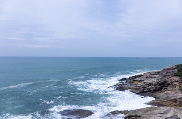 Obraz premium Beach landscape, Beautiful arial view of beach with sea waves and coconut trees. Nature scenery. 