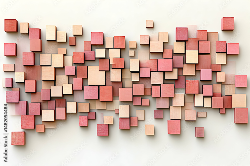Poster abstract background of many small pink and beige wooden cubes, arranged in a random pattern on a whi