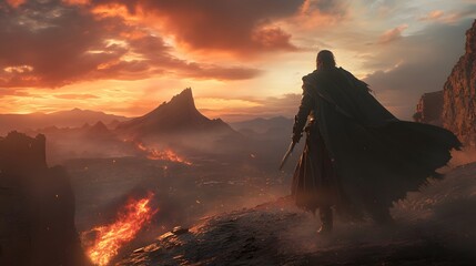 Dramatic shot of a warrior and fire-breathing dragon flying over mountains at sunrise with wind sweeping the cloak in an action-filled moment