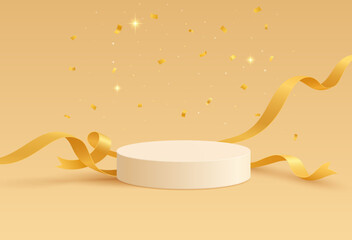 Elegant white round podium with flowing orange silk ribbons on yellow background with golden confetti and stars. Platform with delicate floating streamers and shimmering particles. Vector 3d illustrat