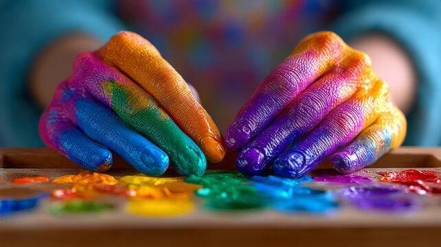 Close up of hands covered in vibrant colorful paint touching a palette. Messy art creativity expression, sensory play, fun.