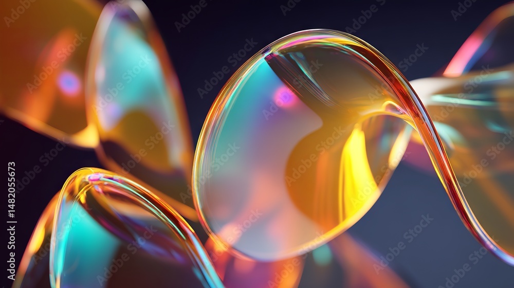 Poster abstract 3d render of flowing translucent glass waves casting vibrant multicolor reflections against