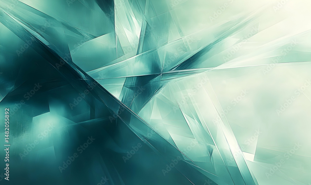 Poster abstract teal and white geometric shapes intersecting, creating a dynamic and modern design. ideal f