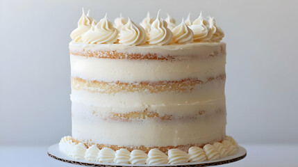 Three-tiered, light-yellow cake, frosted with smooth, white buttercream.  Delicate swirls of frosting adorn the top and bottom edges