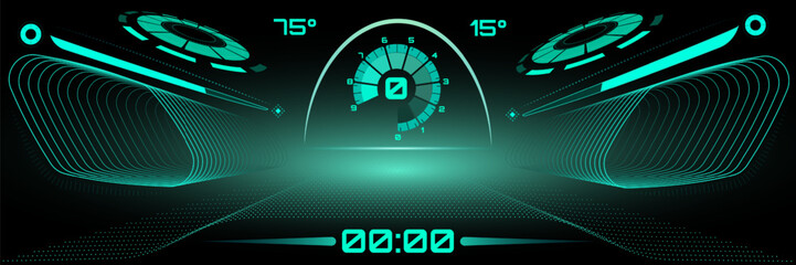 Fototapeta premium Surreal art collage. Futuristic neon dashboard interface with digital meters, glowing arcs, and angle indicators. Vector illustration. Concept of speed, car technology, extreme sport, virtual.