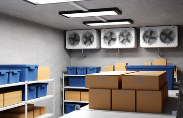 Refrigeration warehouse for food. Metal shelves frozen foods with boxes