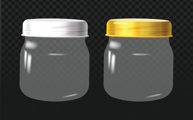 Realistic vector graphic of clear glass jars with silver and golden metal lids. Isolated packaging objects perfect for food, spices, condiments, preserves, or mockup design projects. 