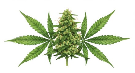 Illustration of Cannabis Plant With Green Leaves and Orange Buds