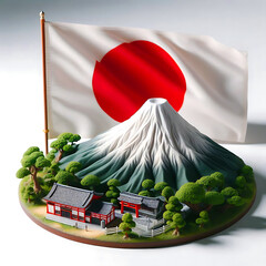 Miniature Japanese Landscape with Mount Fuji and Flag