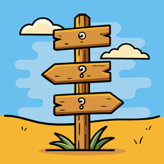 Cartoon Wooden Signpost with Question Marks and Bold Black Outlines