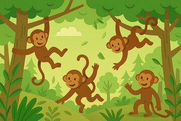 illustration of monkeys swinging trees in the forest