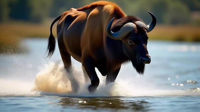 Single Buffalo Charging Through Water. Suitable for marketing or business purposes