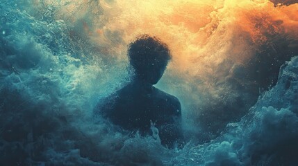 Fototapeta premium Silhouette of figure amidst dynamic blue and orange water swirls