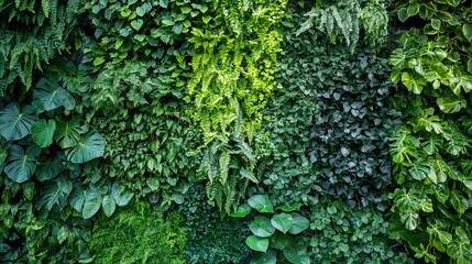 Fototapeta premium Green lush wall on a residential building with diverse plants, symbolizing eco-friendly living and urban greenery.