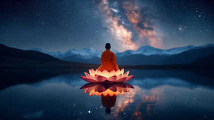 Serene figure meditates atop a radiant lotus on still waters under a starlit, tranquil night sky.