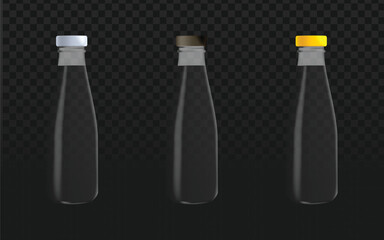 Realistic vector graphic of clear glass bottles with white, black, golden caps, some open. Isolated packaging objects perfect for beverage, sauce, liquid, or mockup design projects. 