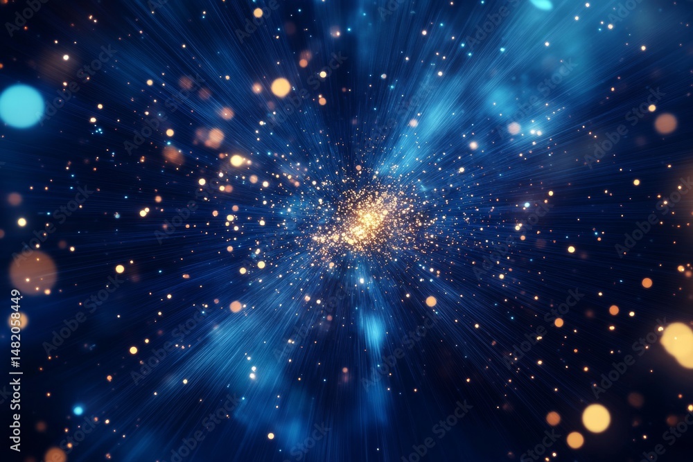 Poster vibrant cosmic explosion features scattered glowing particles in deep blue tones, creating a mesmeri