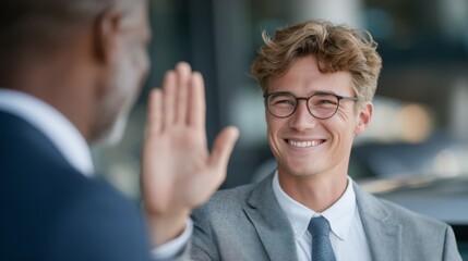 A close-up of a student in a car after driving test with a instructor. The image captures the moment of celebration and achievement after passing the driving test.