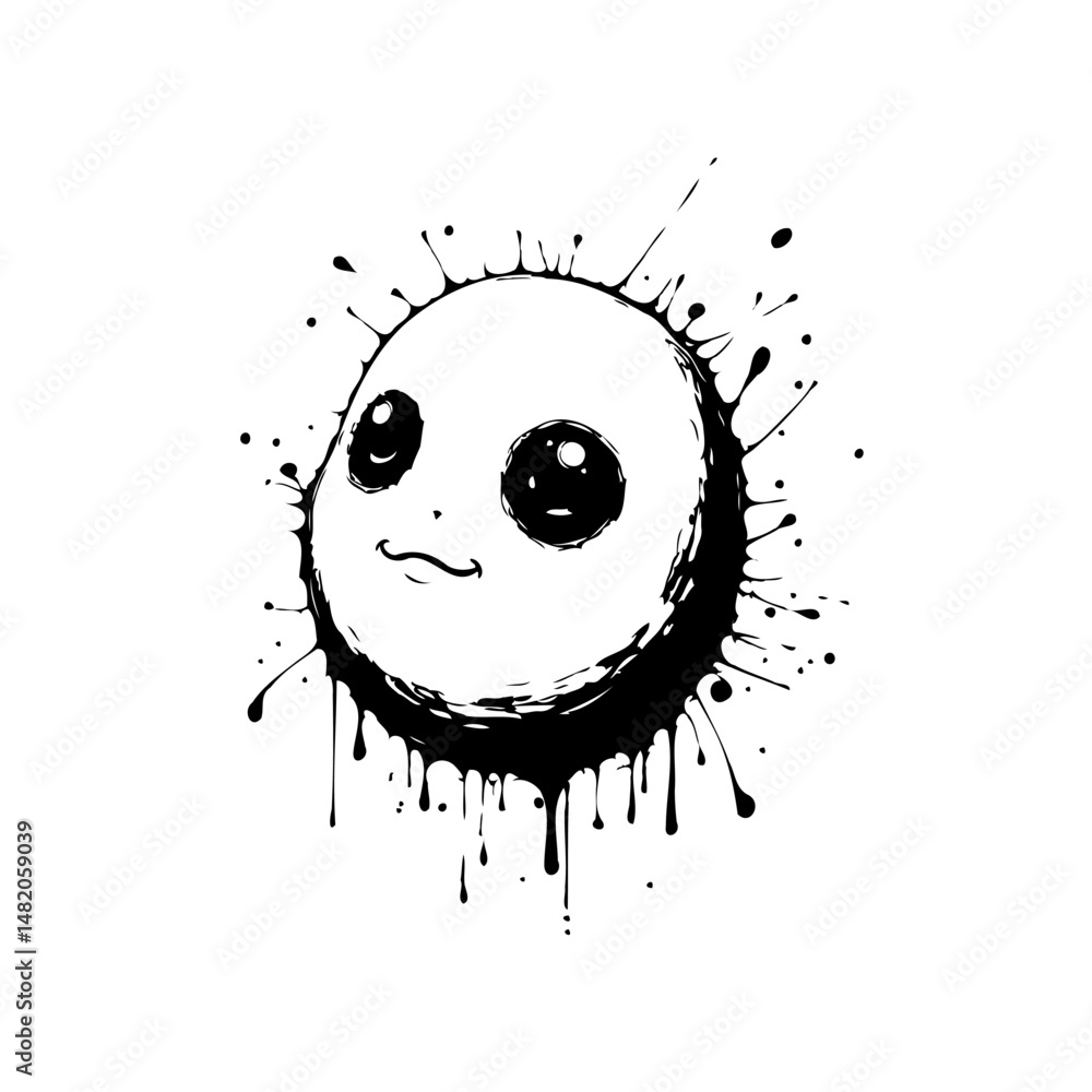 Poster whimsical ink blot creature with an amusing expression in stark monochrome
