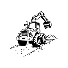 Monochrome illustration of a construction loader extracting material on a path