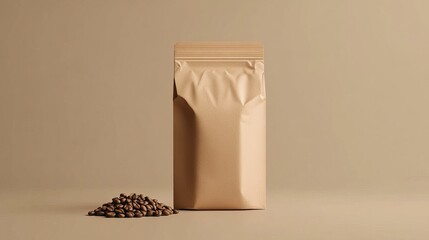 Brown Kraft Paper Coffee Bag Mockup Minimalist Design Elegant Packaging Product Branding Template Coffee Beans Beige Background Studio Shot High      