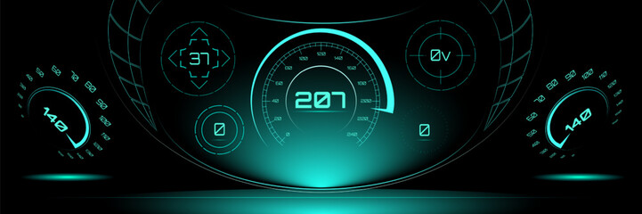 Fototapeta premium Vector illustration. Futuristic dashboard with 207 speed readout, radial gauges, and teal glow. Surreal art collage. Concept of extreme sport, racing telemetry, speed display, digital driving.