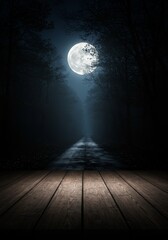 Illustration of Moonlit Path through Dark Forest with Wooden Floor