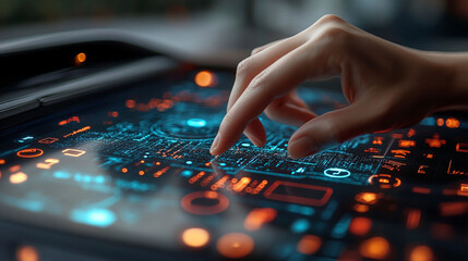 Close-up of a hand touching a futuristic in-car touchscreen display with glowing interface elements.
