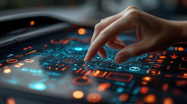 Close-up of a hand touching a futuristic in-car touchscreen display with glowing interface elements. - Powered by Adobe