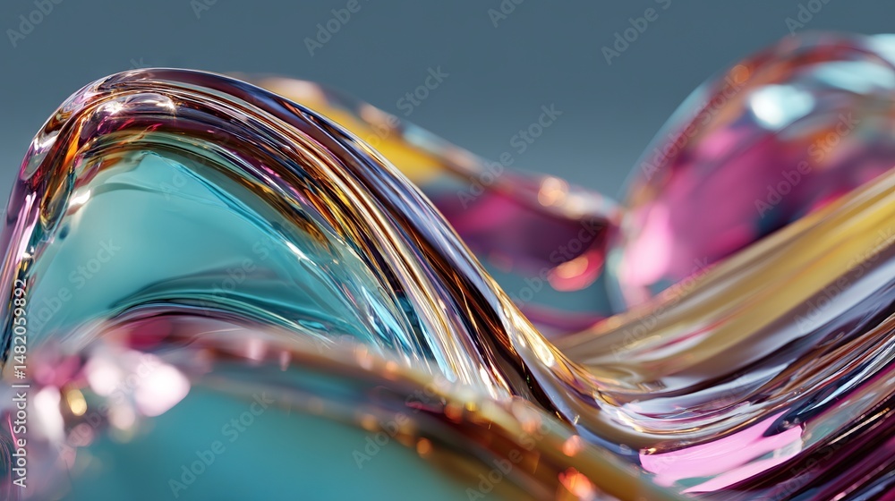 Poster abstract 3d render of flowing translucent glass waves casting vibrant multicolor reflections against