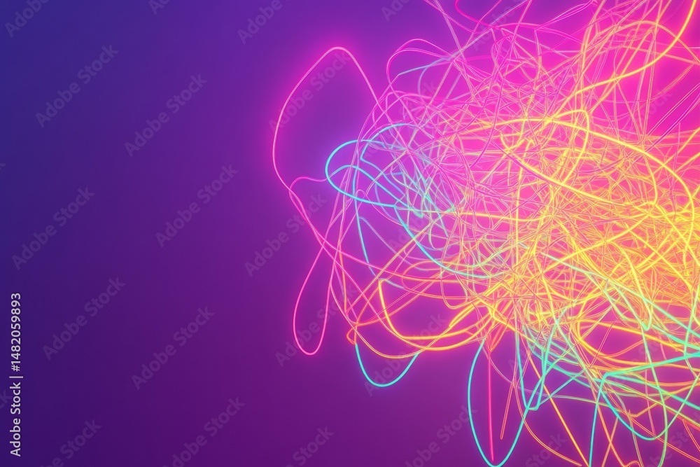 Poster vivid neon lines intertwine to form a chaotic yet captivating web over a rich gradient purple backdr