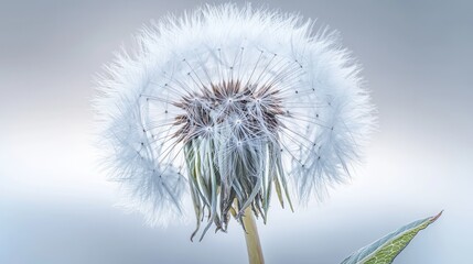 A close up view of a delicate fluffy white dandelion plant with soft wispy seed heads in a natural serene environment