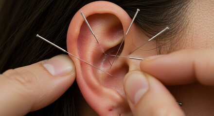 Receiving Ear Acupuncture Treatment Close Up for Wellness