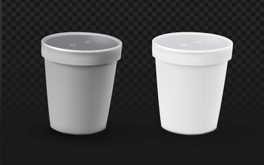 Realistic vector graphic of white plastic tubs without lids. Isolated open packaging objects perfect for food, dairy, ice cream, or mockup design projects. Transparent background.