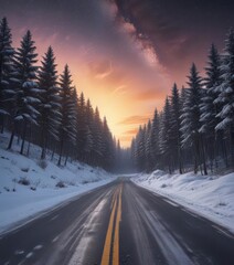 Asphalt road cuts through snowy forest, vibrant sunrise & Milky Way above , beautiful, scene