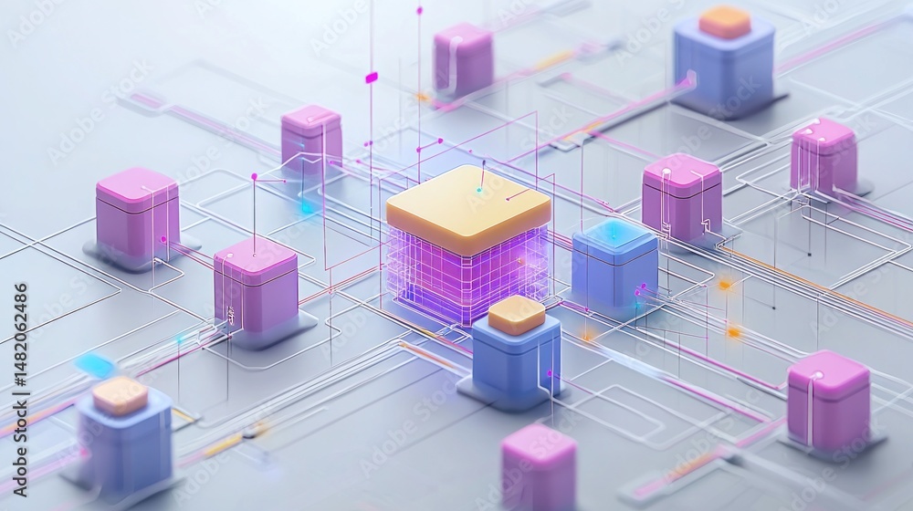 Poster futuristic abstract digital circuit with colorful geometric shapes