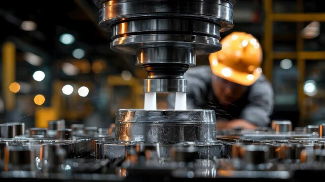 Man operating industrial machine in workshop environment focusing on precision engineering tasks