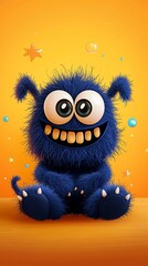 Obraz premium Cheerful blue furry creature with big eyes and wide grin, sitting on a yellow background with sparkles