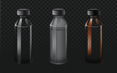 Realistic vector graphic of clear and amber glass bottles with black and white caps. Isolated packaging objects perfect for beverages, pharmaceuticals, cosmetics, or mockup design projects
