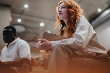 Diverse group of people having a discussion in a modern work environment, emphasizing teamwork,...
