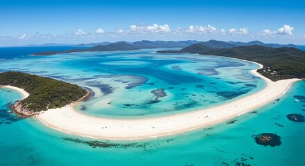 Aerial View of Tropical Beach with Turquoise Water and Island Landscape
