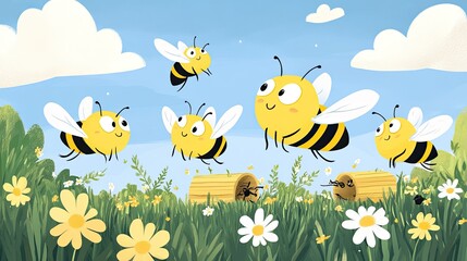 Cheerful honeybees flitting through a meadow.