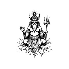 Majestic Deity Illustration: Intricate Line Art of an Ancient Sea God Character