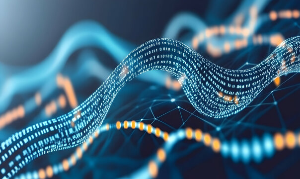 Abstract digital data stream flowing like a wave, binary code, glowing blue, network connections, technology background.