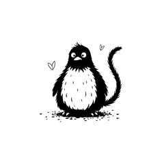 Playful monochrome cartoon featuring a quirky penguin-like creature with a tail