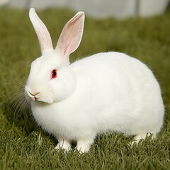 Obraz premium Albino rabbit grazing on vibrant green grass during sunlit afternoon day